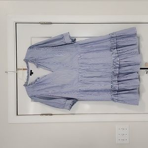 Blue and White Striped Dress with Ruffle Details, side zip and pockets! 37in
